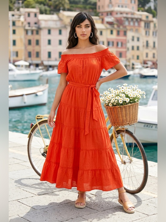 LOFT Dresses & Skirts - LOFT NWT Off-Shoulder Vibrant Orange-Red Maxi Dress with Belt